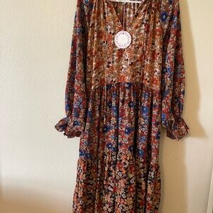 Umgee Floral Long Sleeve Dress - Red, Blue, Brown